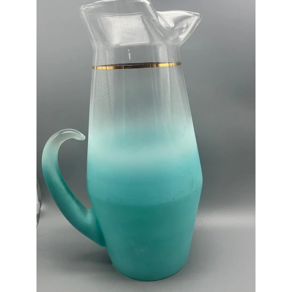 Vtg Blendo Glass Pitcher Frosted Turquoise MCM Vintage 1950 Gold Trim‎ W.V.